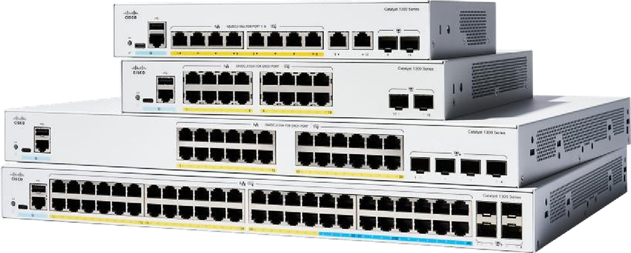 Cisco Catalyst 1300 Series switches, four stacked rack-mount units including a 48-port PoE model