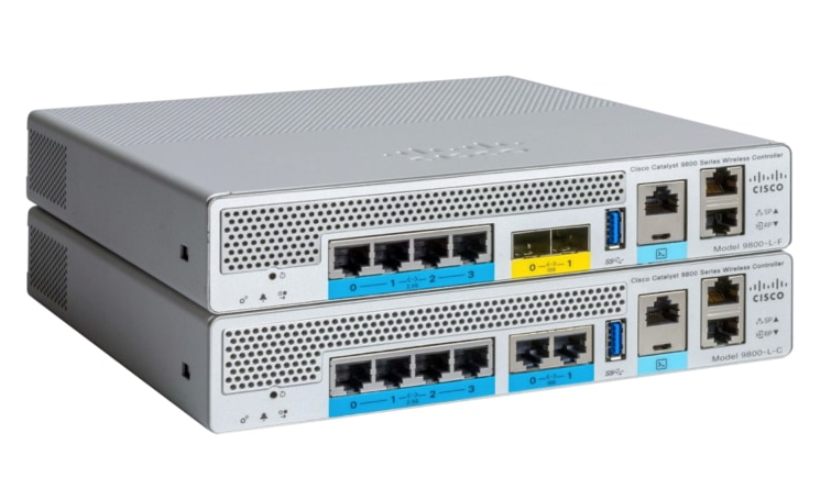 Cisco Catalyst 9800-L wireless controllers, two stacked 1U units with fiber and copper uplinks