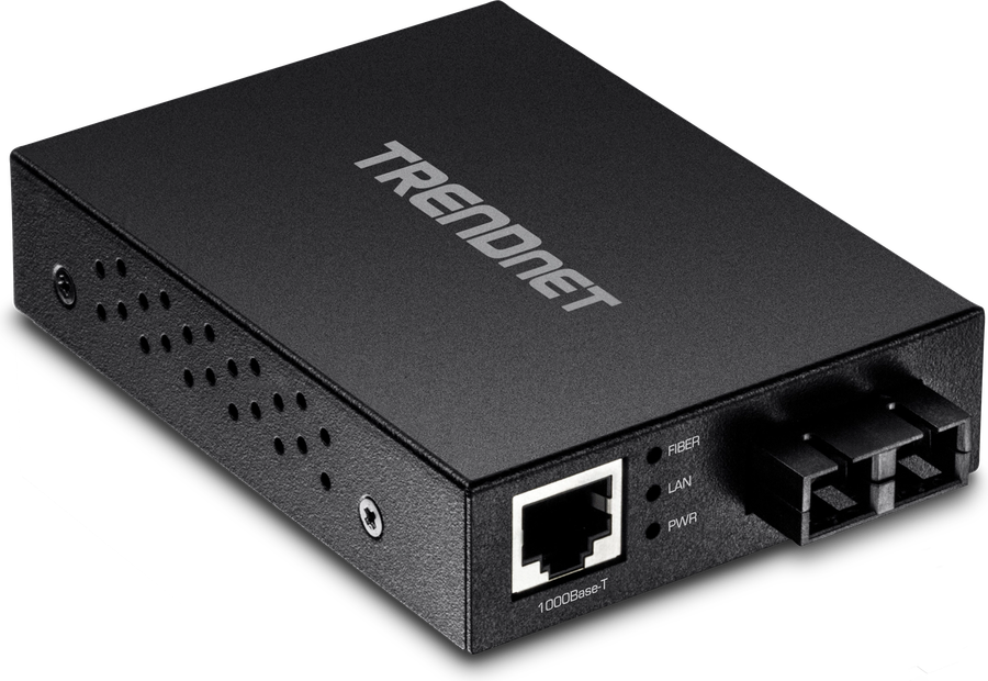 TRENDnet TFC-GMSC fibre media converter, a black unit with an Ethernet jack and a duplex SC fibre connector