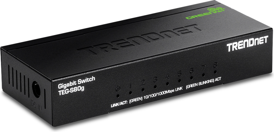 TRENDnet TEG-S80g gigabit switch, a black desktop unit with eight ports and per-port link indicators