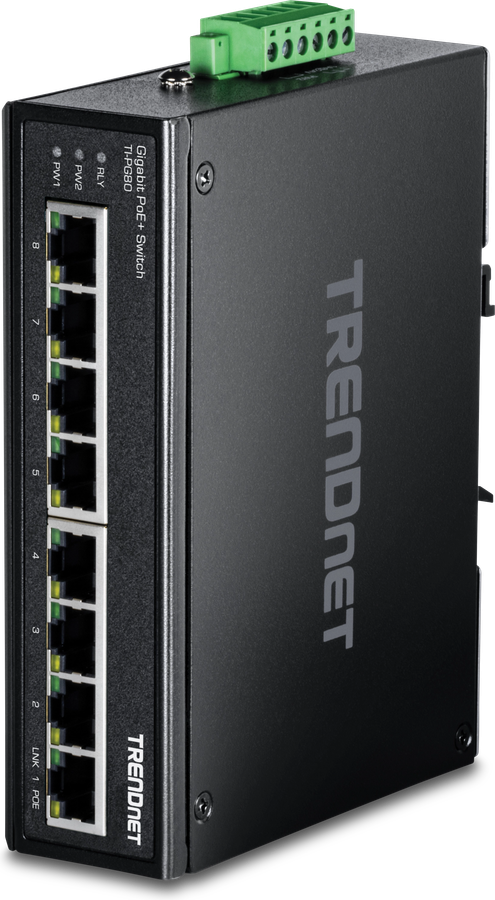 TRENDnet TI-PG80 industrial switch, a black DIN-rail unit with eight ports and a green terminal block