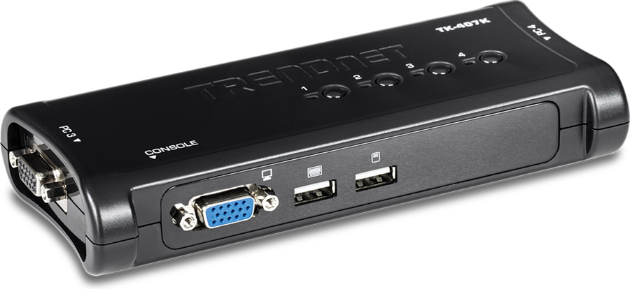 TRENDnet TK-407K KVM switch, a black desktop unit with four port-select buttons and a VGA and USB console