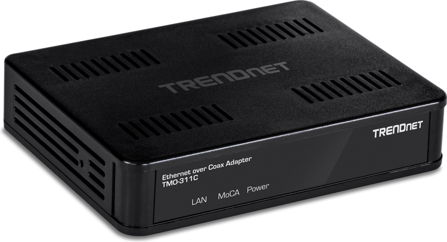 TRENDnet TMO-311C Ethernet over coax adapter, a black desktop unit with vented top and LAN, MoCA and power indicators