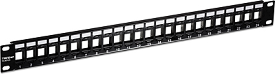 TRENDnet TC-KP24 patch panel, a black 1U rack-mount panel with 24 numbered keystone bays