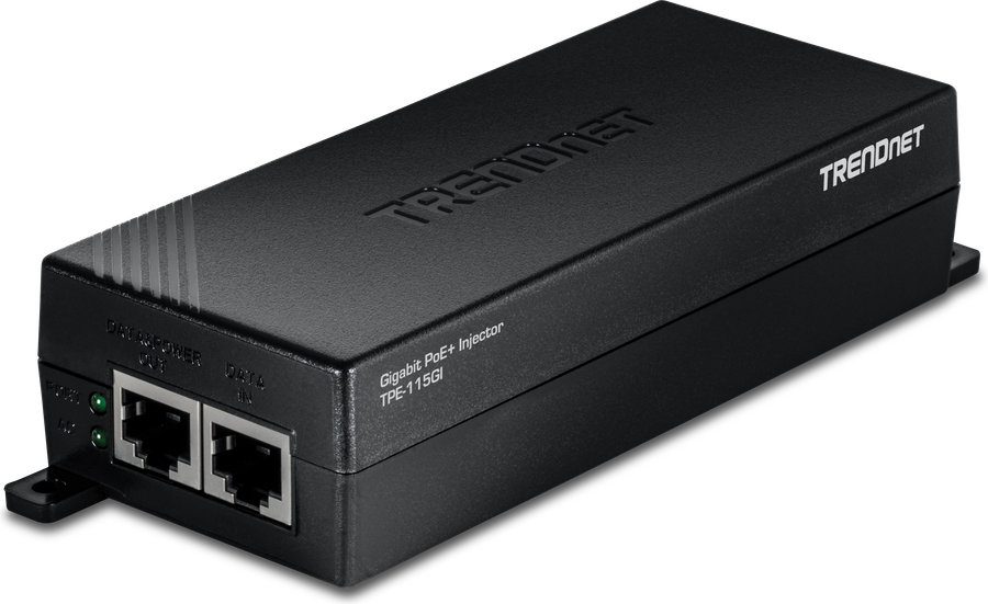 TRENDnet TPE-115GI Power over Ethernet injector, a black wall-mountable unit with data-in and power-out ports