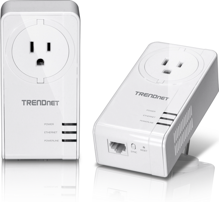 TRENDnet TPL-423E2K powerline adapter kit, two white wall-plug units each with a pass-through mains outlet