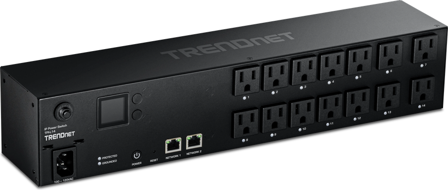 TRENDnet TPI-L14 power distribution unit, a black 2U rackmount strip with 14 outlets