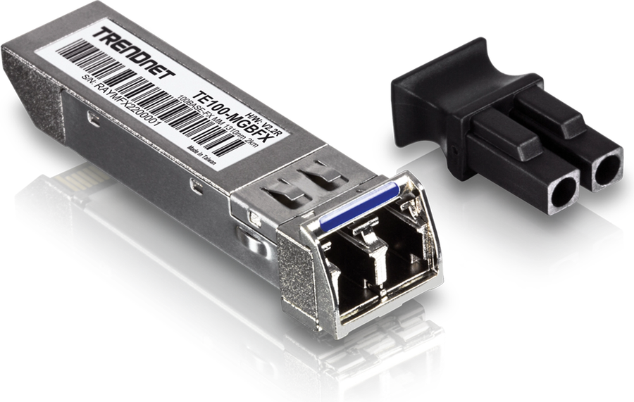 TRENDnet TE100-MGBFX mini-GBIC module, a metal SFP transceiver beside its LC dust cap