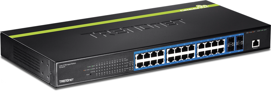 TRENDnet TL2-G244 switch, a black 1U unit with 24 gigabit ports and SFP uplinks