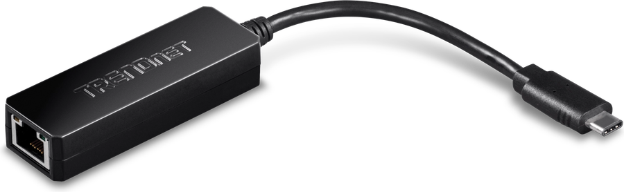 TRENDnet TUC-ETG adapter, a black USB-C to gigabit ethernet dongle on a short lead