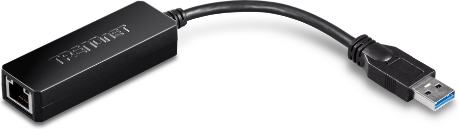 TRENDnet TU3-ETG network adapter, a black inline dongle with a USB plug on a short lead and an Ethernet jack