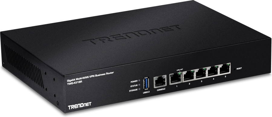 TRENDnet TWG-431BR VPN router, a black desktop unit with five gigabit ports and a console port
