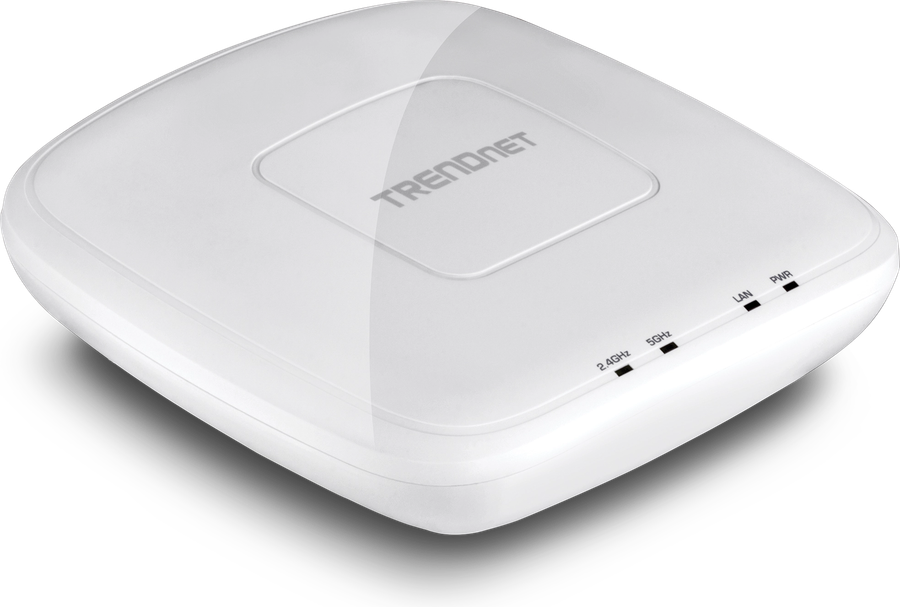 TRENDnet TEW-825DAP wireless access point, a white ceiling-mounted unit with edge status indicators