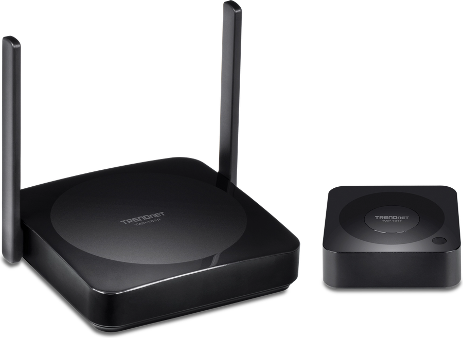 TRENDnet TWP-100R1K wireless HDMI kit, a black receiver with two antennas beside its transmitter