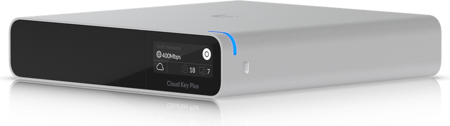 Ubiquiti UniFi Cloud Key Gen2 Plus, a silver desktop console with a front status display