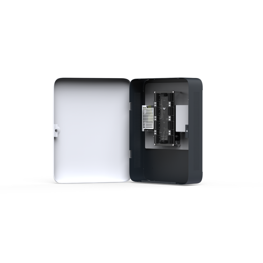 Verkada BX52 alarm panel, two wall-mounted units with one cover open