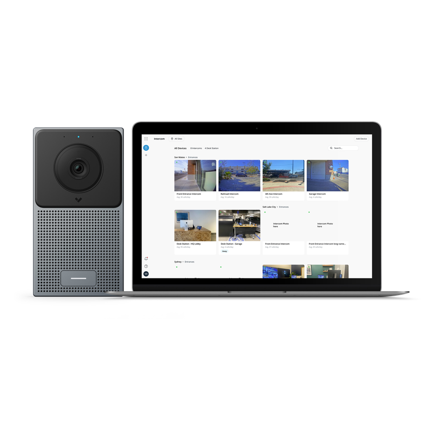 Verkada TD52 intercom in silver, shown beside its management interface on a laptop