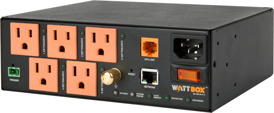 WattBox WB-300VB-IP-5 power conditioner, a black chassis with five orange controlled outlets